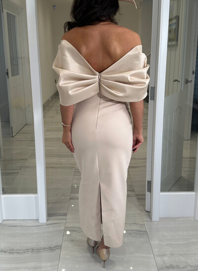 Elegant Off-The-Shoulder Ankle-Length Elastic Satin/Liquid Satin Evening Dresses With Back Slit