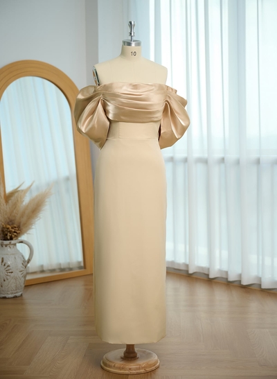 Elegant Off-The-Shoulder Ankle-Length Elastic Satin/Liquid Satin Evening Dresses With Back Slit