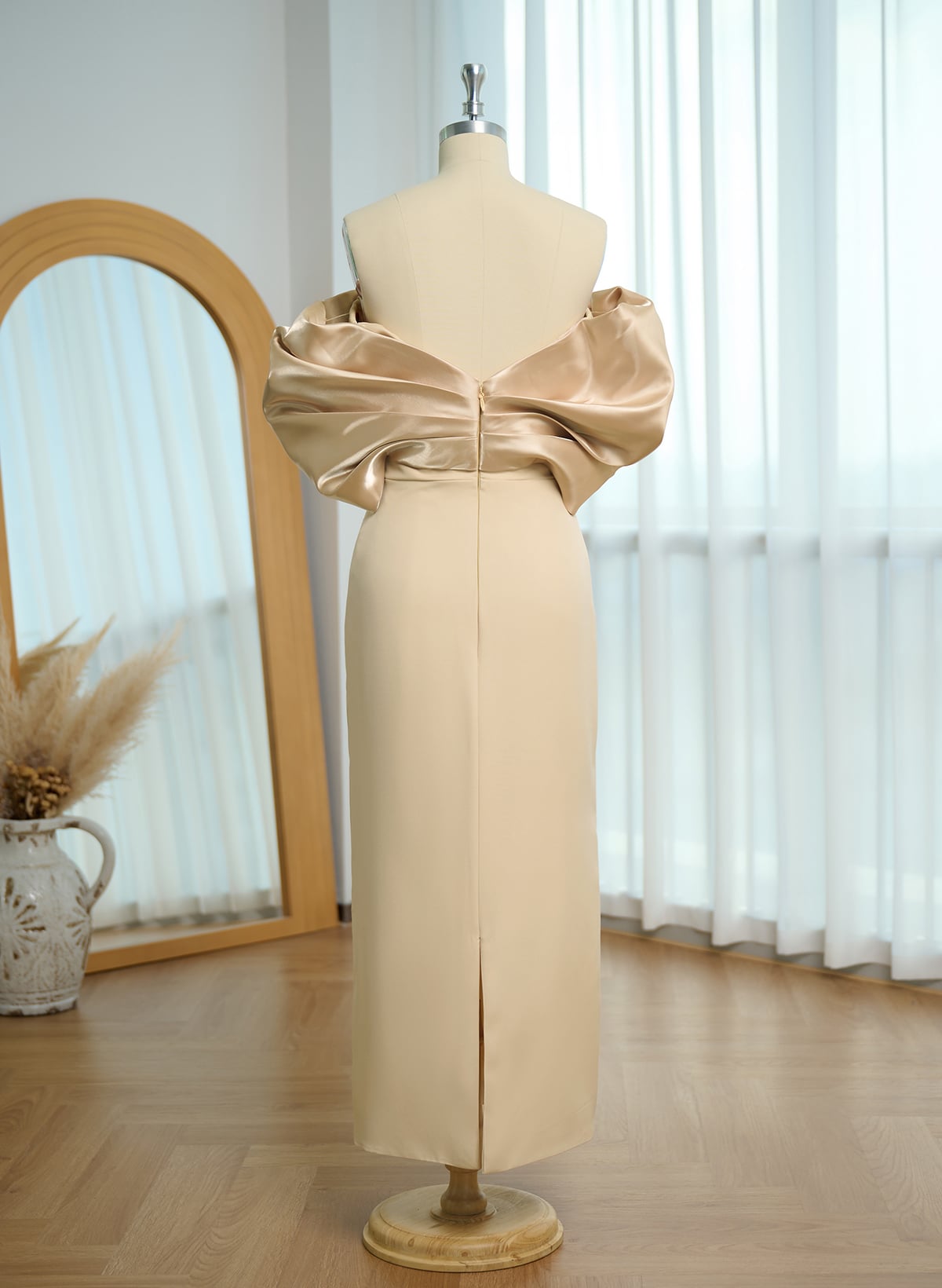 Elegant Off-The-Shoulder Ankle-Length Elastic Satin/Liquid Satin Evening Dresses With Back Slit