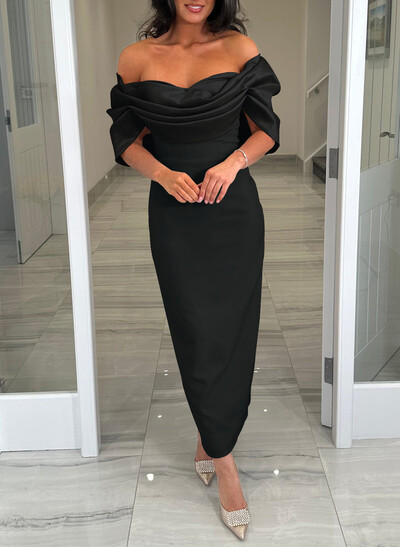 Elegant Off-The-Shoulder Ankle-Length Elastic Satin/Liquid Satin Evening Dresses With Back Slit
