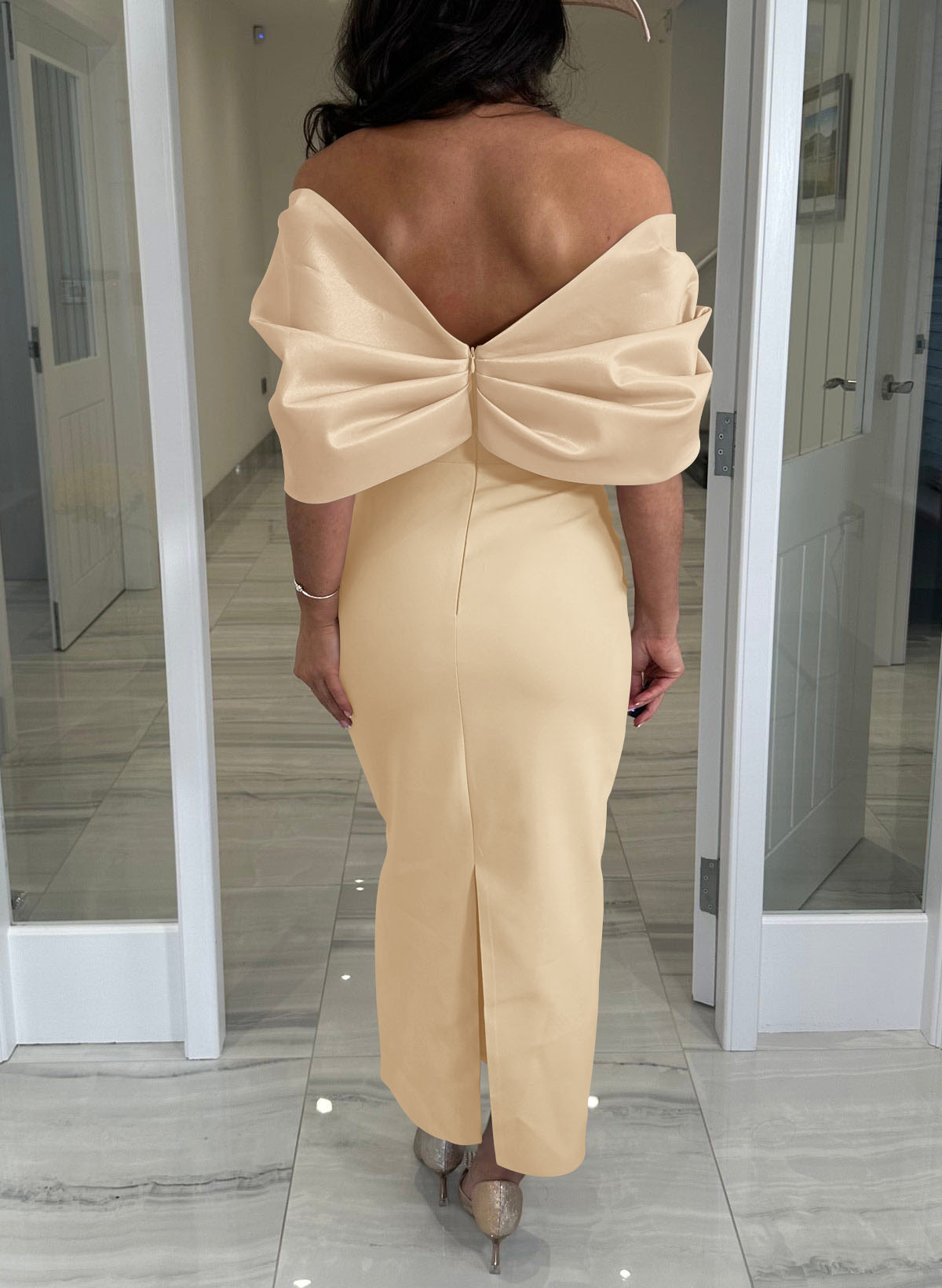 Elegant Off-The-Shoulder Ankle-Length Elastic Satin/Liquid Satin Evening Dresses With Back Slit