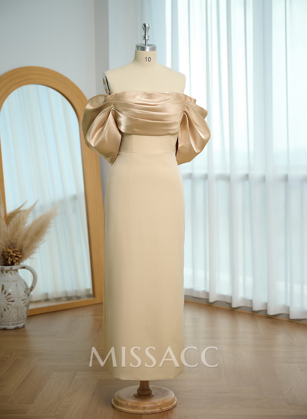Elegant Off-The-Shoulder Ankle-Length Elastic Satin/Liquid Satin Evening Dresses With Back Slit Elegant Off-The-Shoulder Ankle-Length Elastic Satin/Liquid Satin Evening Dresses With Back Slit