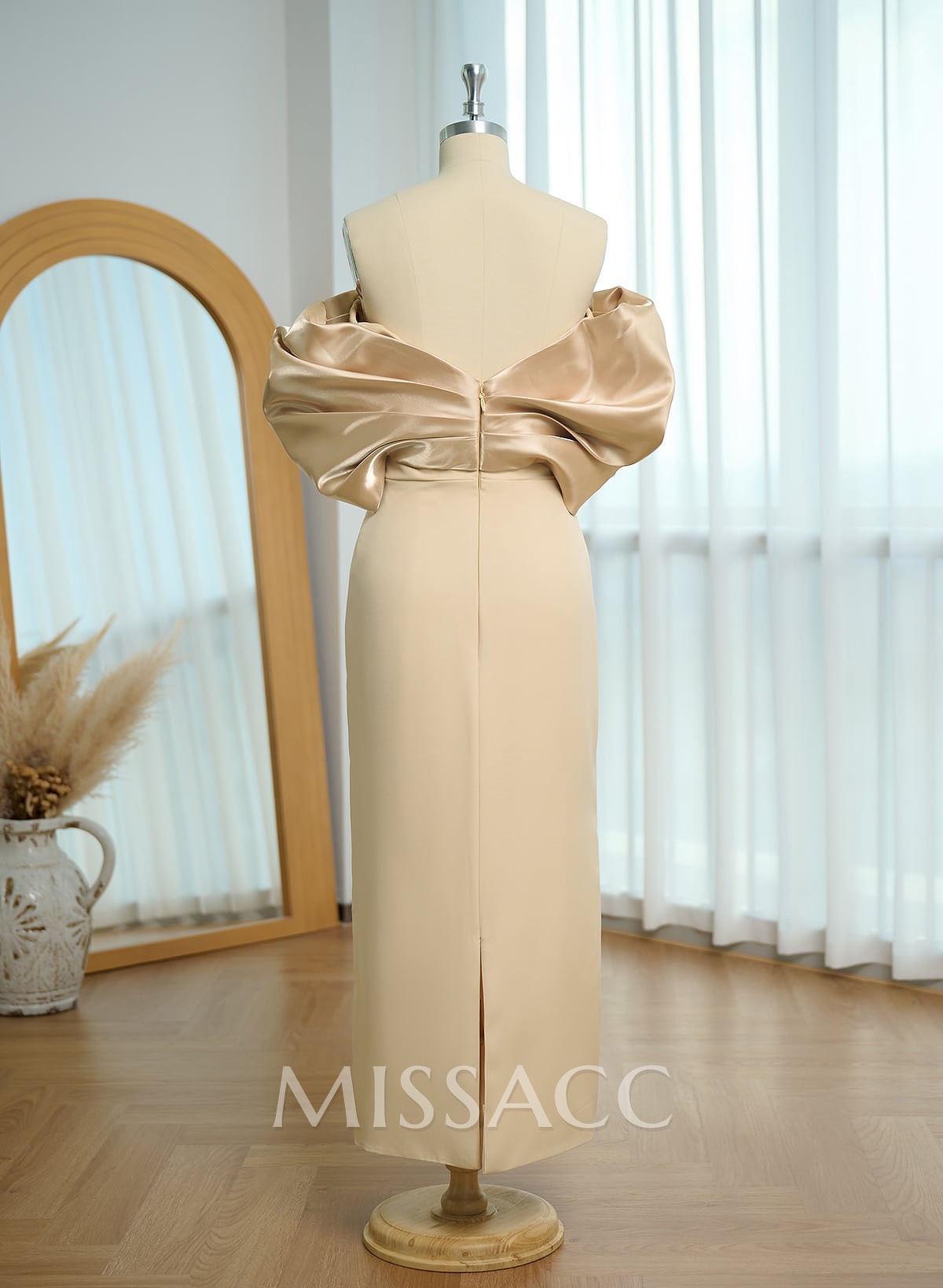 Elegant Off-The-Shoulder Ankle-Length Elastic Satin/Liquid Satin Evening Dresses With Back Slit Elegant Off-The-Shoulder Ankle-Length Elastic Satin/Liquid Satin Evening Dresses With Back Slit