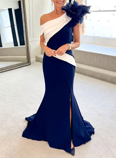 Elegant Ruffle Asymmetrical Neckline Sleeveless Mermaid Sweep Train Elastic Satin Evening Dresses
