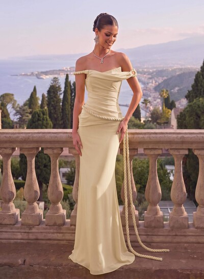 Elegant Off-The-Shoulder Sleeveless Floor-Length Stretch Satin Evening Dresses