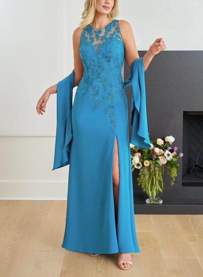 Elegant Lace Scoop Neck Sleeveless High Split Floor-Length Elastic Satin Evening Dresses