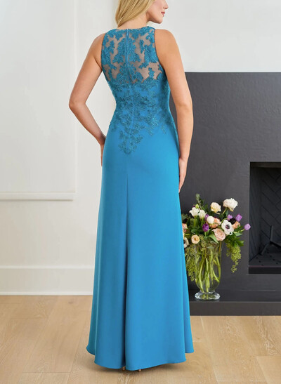 Elegant Lace Scoop Neck Sleeveless High Split Floor-Length Elastic Satin Evening Dresses