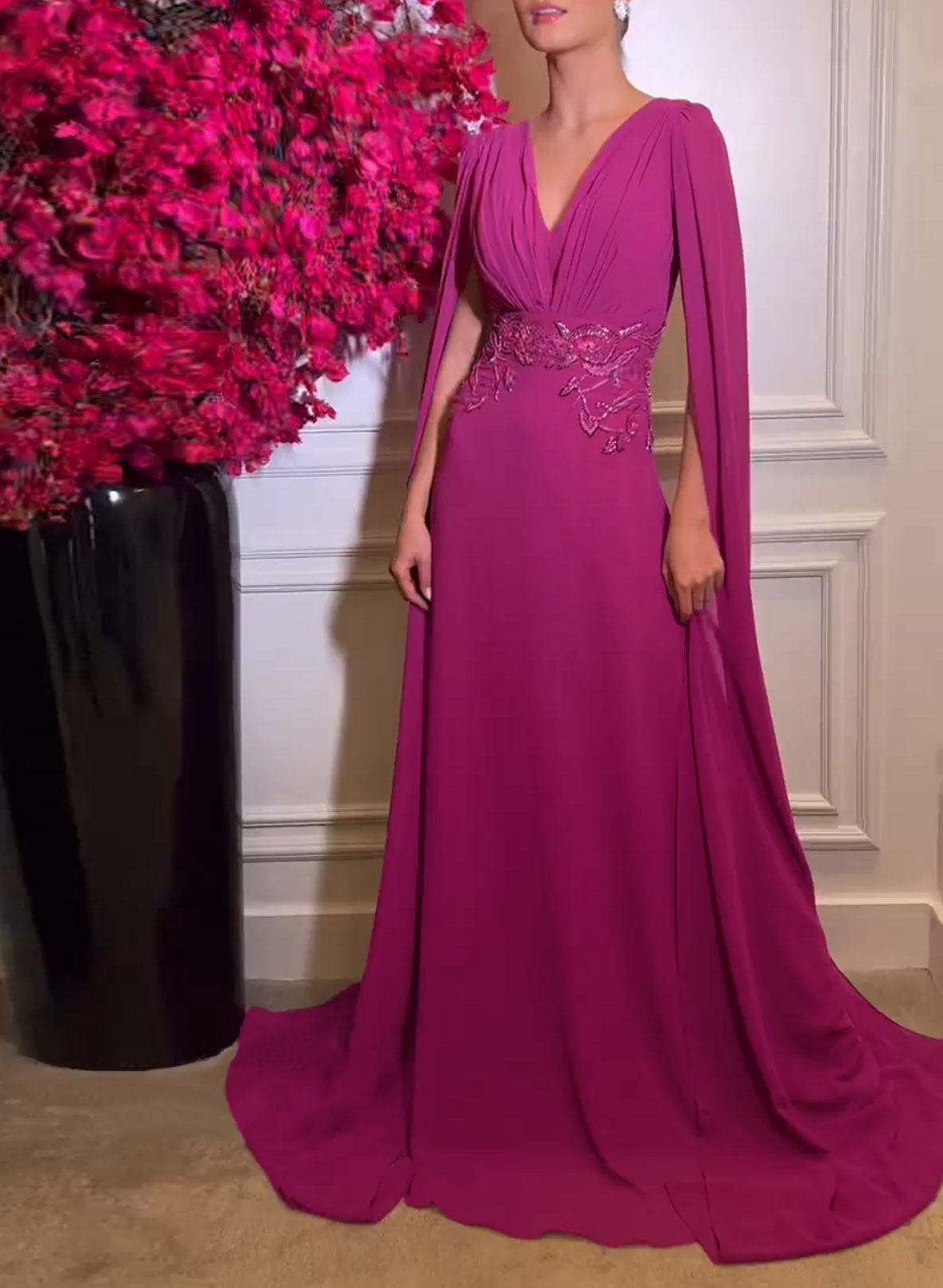 Elegant V-Neck Cape Sleeves Beading A-Line Sweep Train Chiffon Evening Dresses