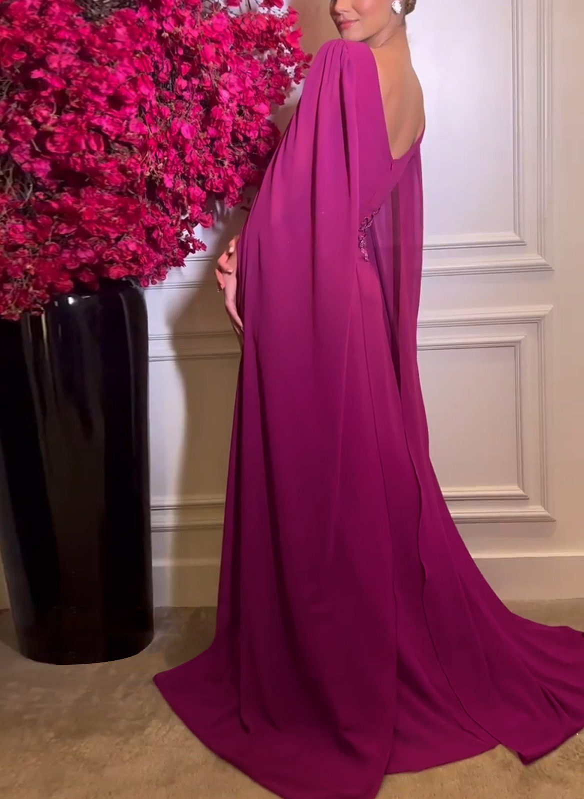 Elegant V-Neck Cape Sleeves Beading A-Line Sweep Train Chiffon Evening Dresses