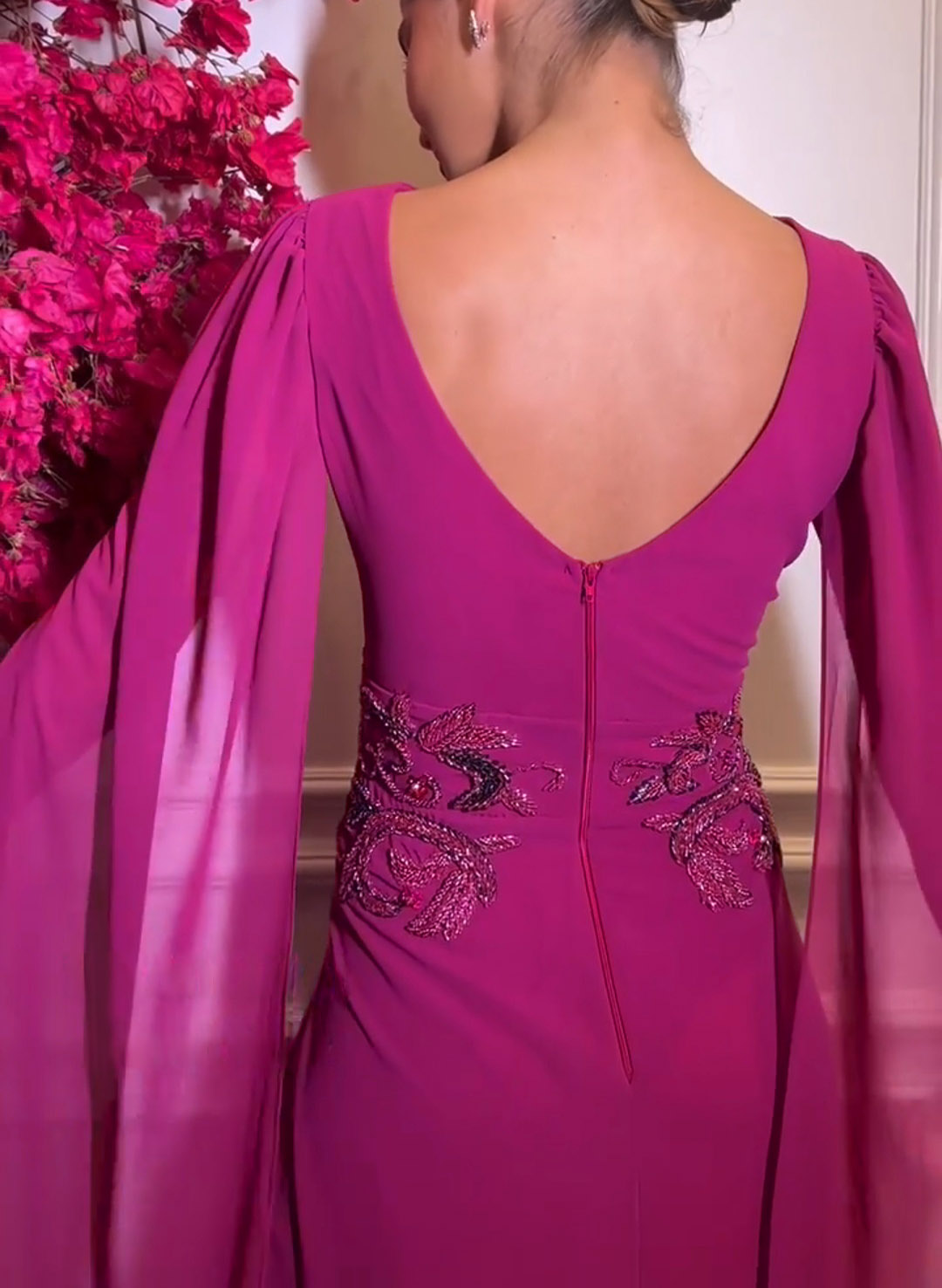 Elegant V-Neck Cape Sleeves Beading A-Line Sweep Train Chiffon Evening Dresses