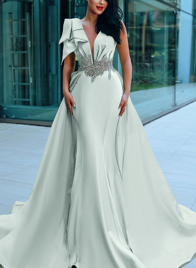 Sheath/Column Plunge Neck Sleeveless Court Train Stretch Satin Evening Dresses With Sequins