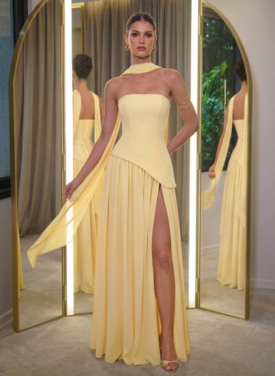A-Line Sleeveless Floor-Length Chiffon Evening Dresses With High Split