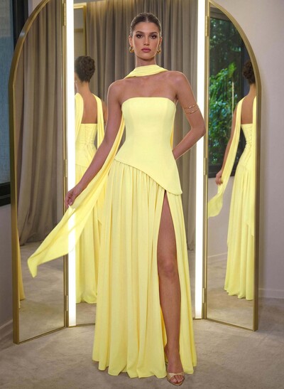 A-Line Sleeveless Floor-Length Chiffon Evening Dresses With High Split