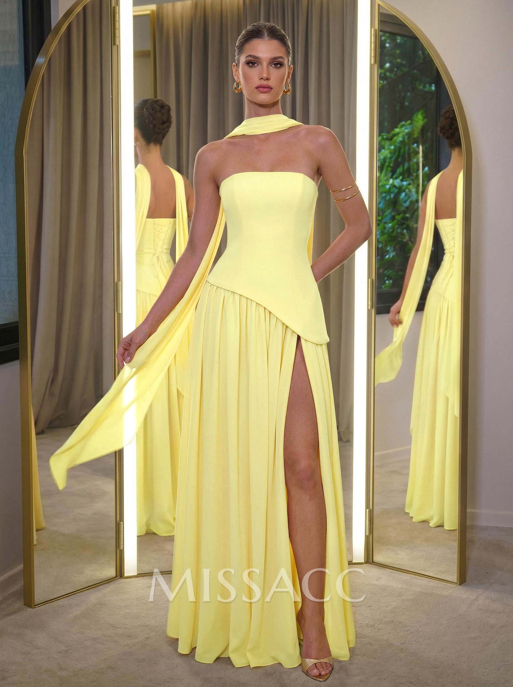 A-Line Sleeveless Floor-Length Chiffon Evening Dresses With High Split