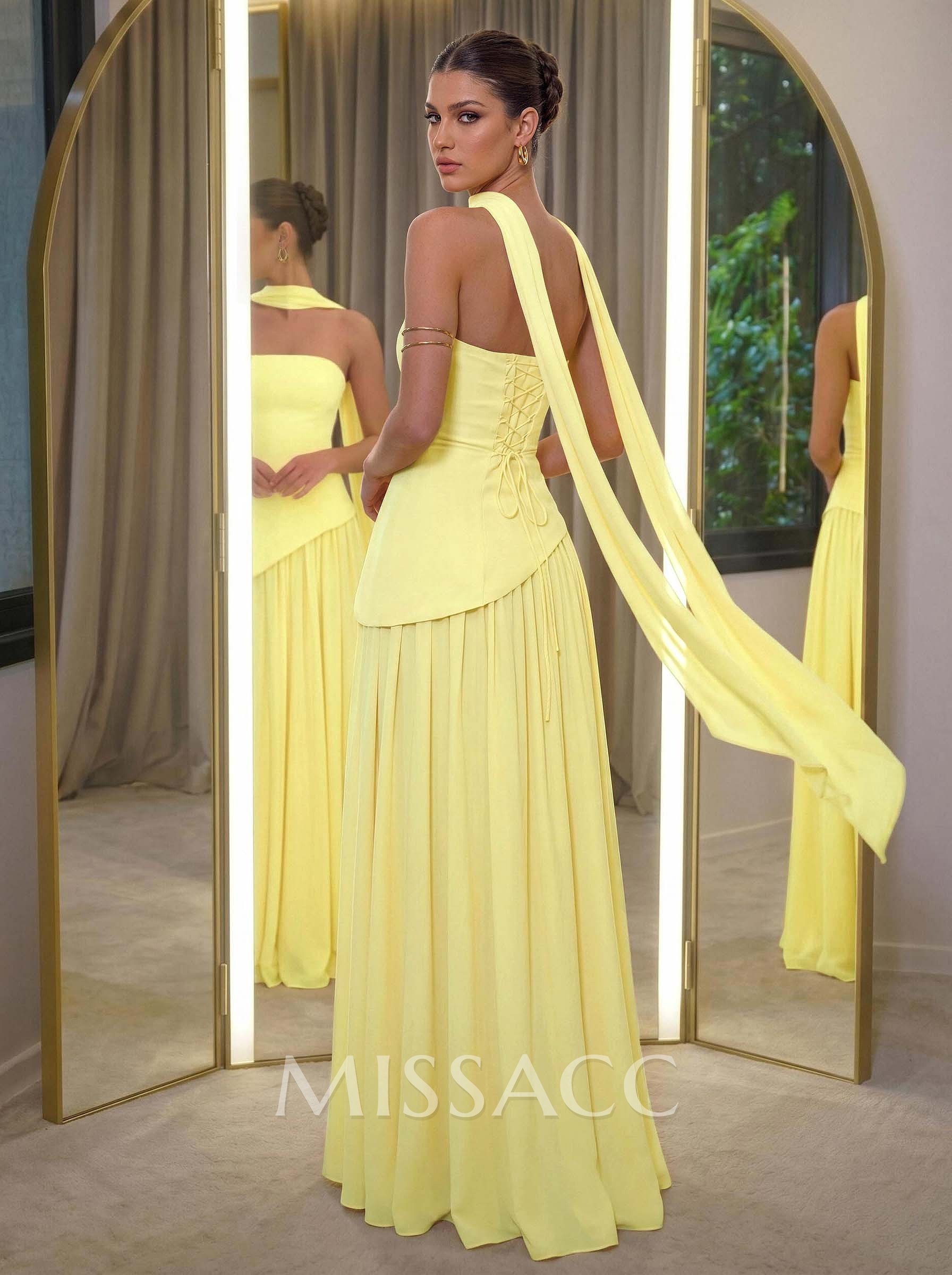 A-Line Sleeveless Floor-Length Chiffon Evening Dresses With High Split