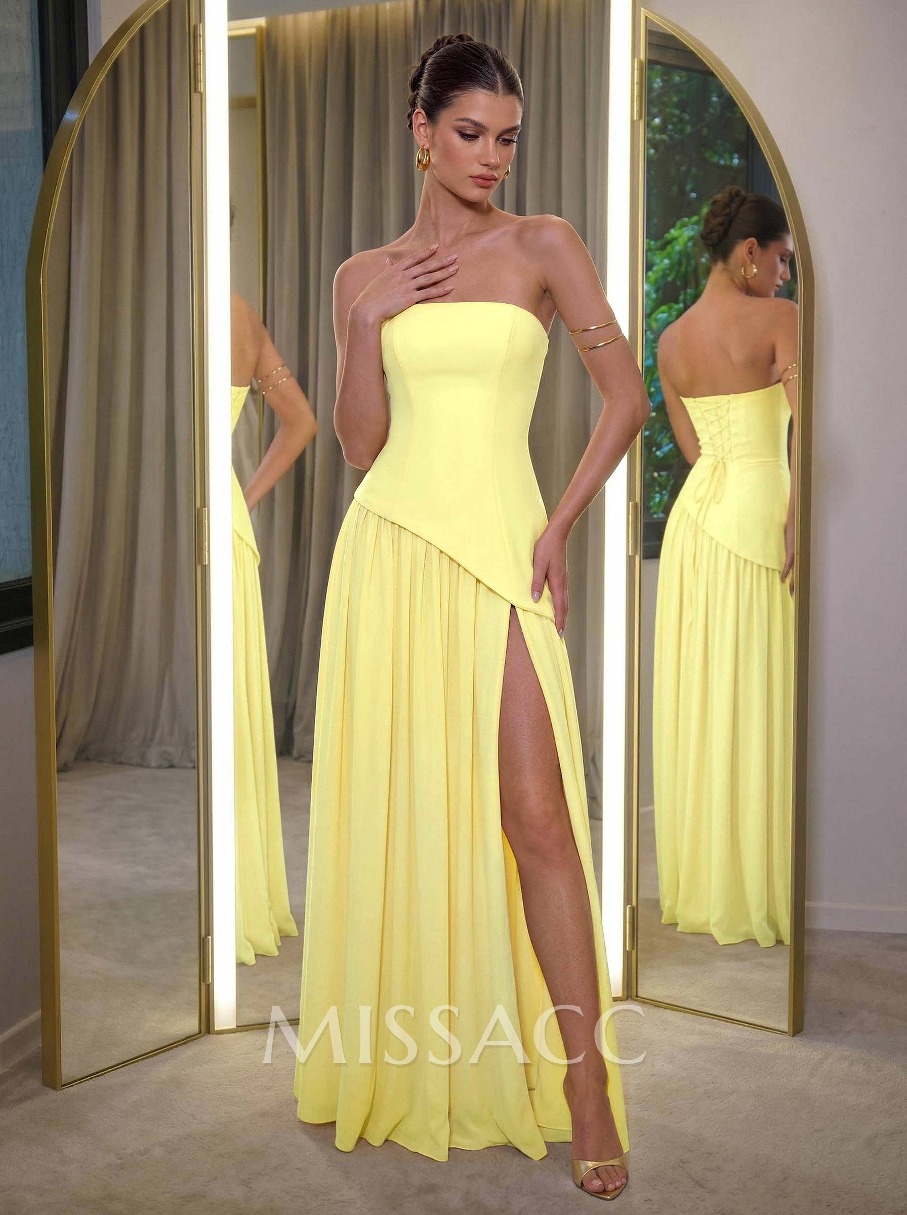 A-Line Sleeveless Floor-Length Chiffon Evening Dresses With High Split