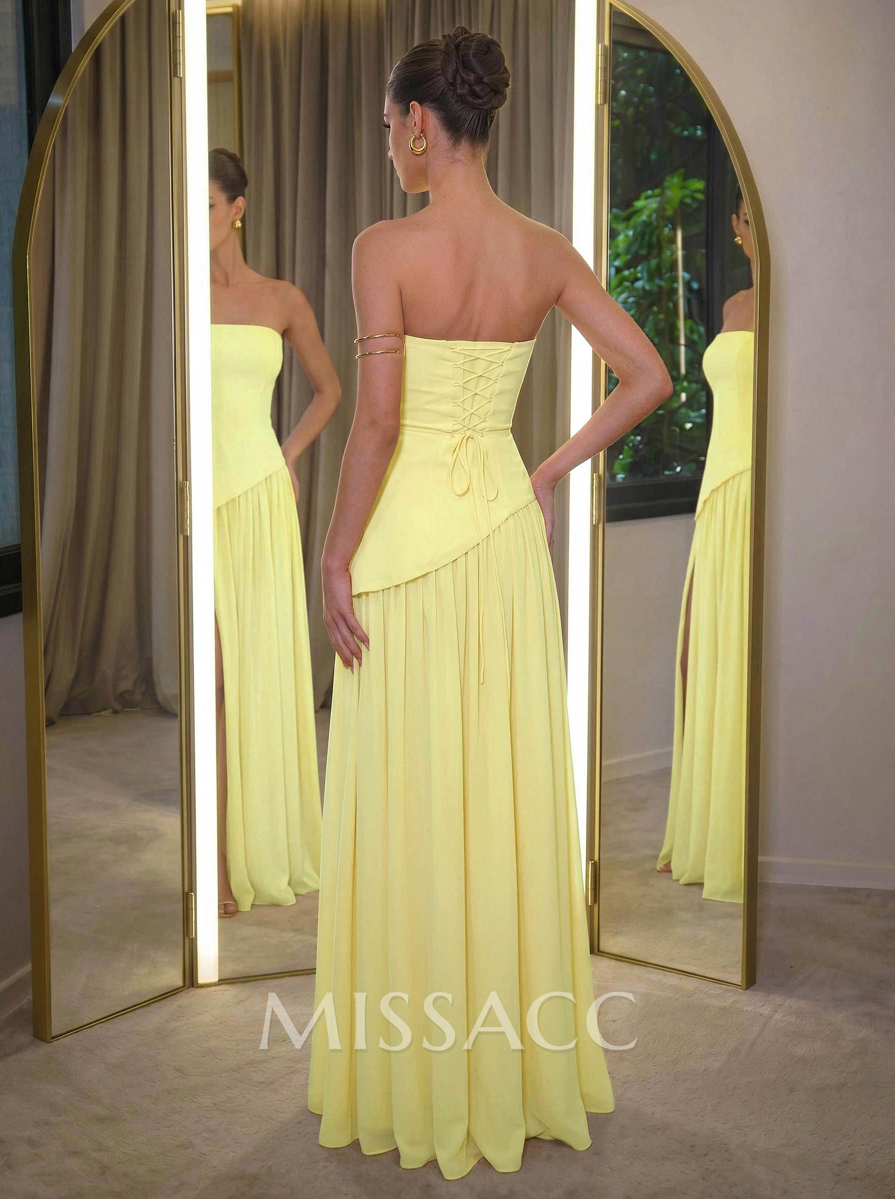 A-Line Sleeveless Floor-Length Chiffon Evening Dresses With High Split