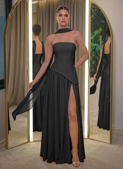 A-Line Sleeveless Floor-Length Chiffon Evening Dresses With High Split