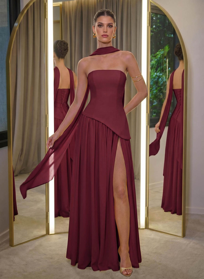 A-Line Sleeveless Floor-Length Chiffon Evening Dresses With High Split