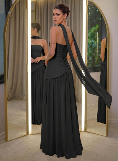 A-Line Sleeveless Floor-Length Chiffon Evening Dresses With High Split