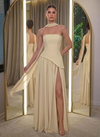 A-Line Sleeveless Floor-Length Chiffon Evening Dresses With High Split