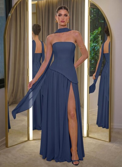 A-Line Sleeveless Floor-Length Chiffon Evening Dresses With High Split