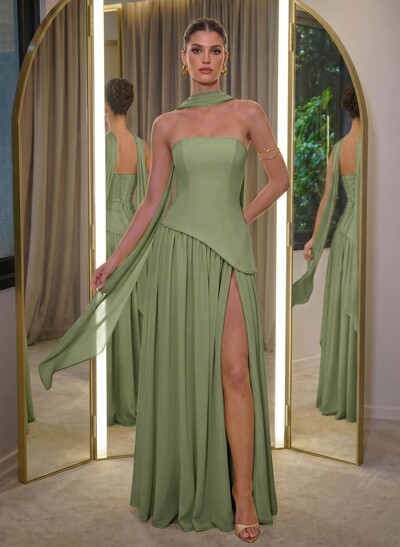 A-Line Sleeveless Floor-Length Chiffon Evening Dresses With High Split