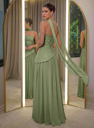 A-Line Sleeveless Floor-Length Chiffon Evening Dresses With High Split