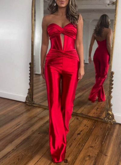Elegant Pleated Sweetheart Floor-Length Stretch Satin Knit Evening Jumpsuit
