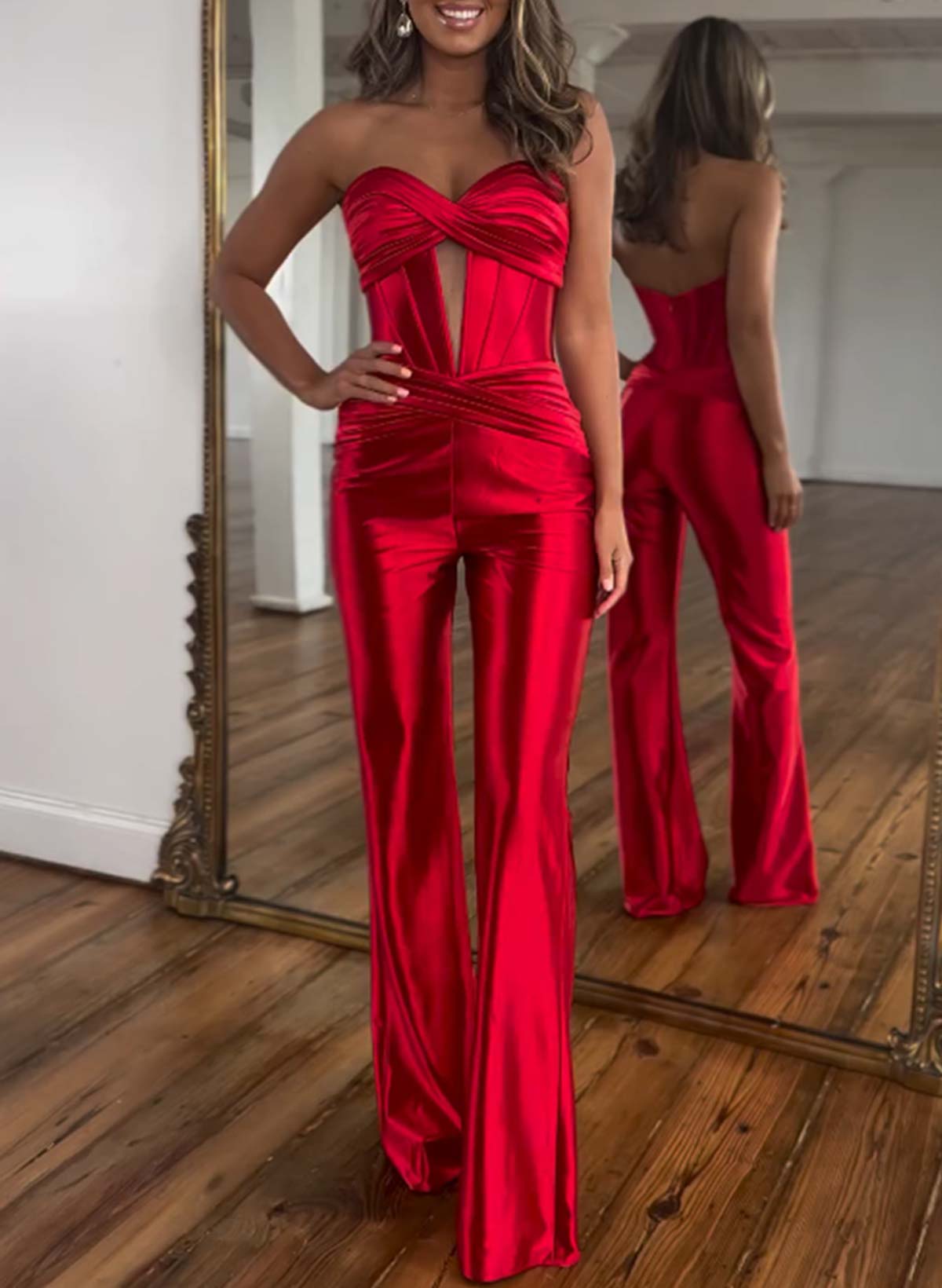 Elegant Pleated Sweetheart Floor-Length Stretch Satin Knit Evening Jumpsuit