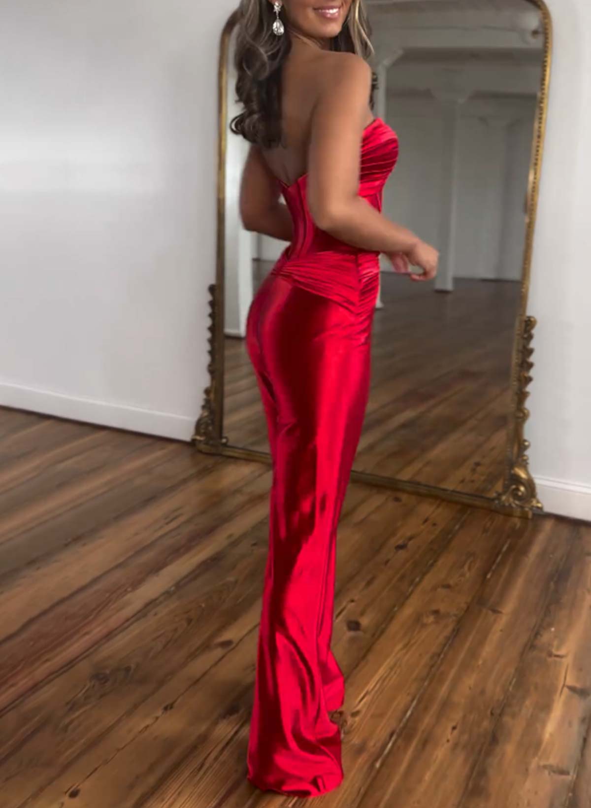 Elegant Pleated Sweetheart Floor-Length Stretch Satin Knit Evening Jumpsuit
