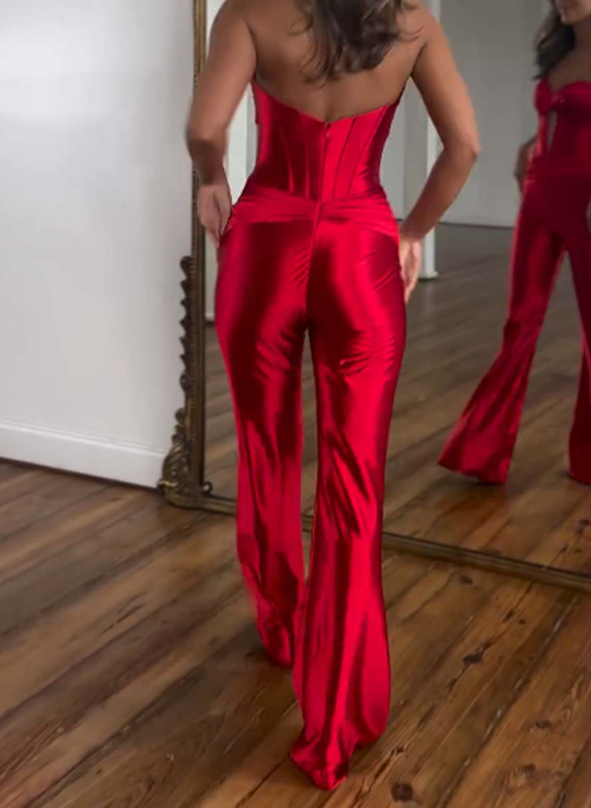 Elegant Pleated Sweetheart Floor-Length Stretch Satin Knit Evening Jumpsuit