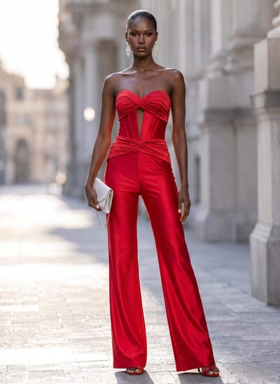 Elegant Pleated Sweetheart Floor-Length Stretch Satin Knit Evening Jumpsuit