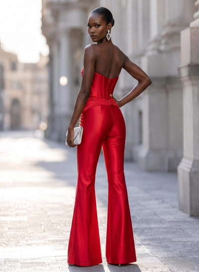 Elegant Pleated Sweetheart Floor-Length Stretch Satin Knit Evening Jumpsuit