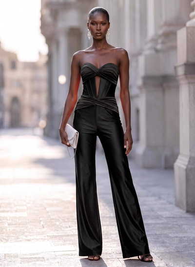 Elegant Pleated Sweetheart Floor-Length Stretch Satin Knit Evening Jumpsuit