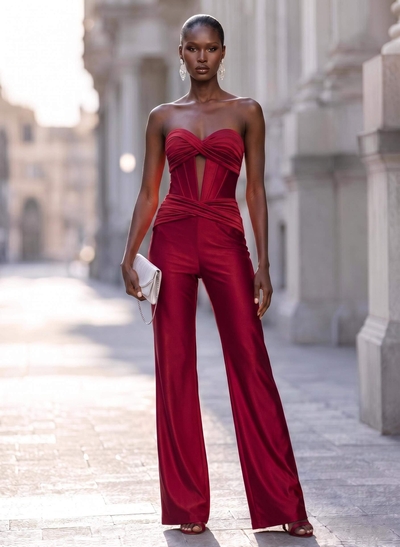 Elegant Pleated Sweetheart Floor-Length Stretch Satin Knit Evening Jumpsuit