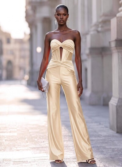 Elegant Pleated Sweetheart Floor-Length Stretch Satin Knit Evening Jumpsuit