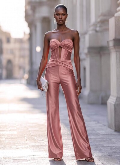 Elegant Pleated Sweetheart Floor-Length Stretch Satin Knit Evening Jumpsuit
