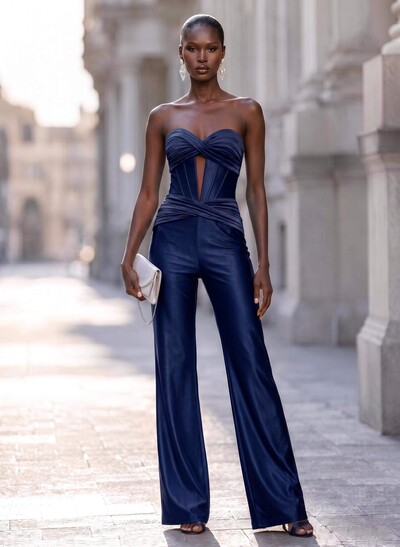 Elegant Pleated Sweetheart Floor-Length Stretch Satin Knit Evening Jumpsuit