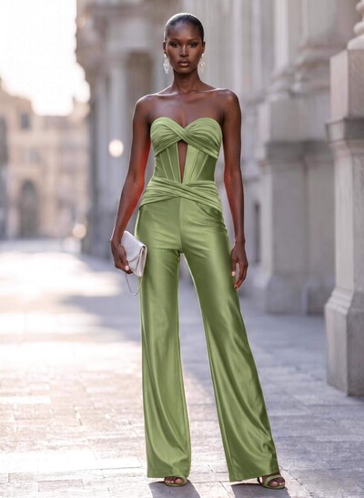 Elegant Pleated Sweetheart Floor-Length Stretch Satin Knit Evening Jumpsuit