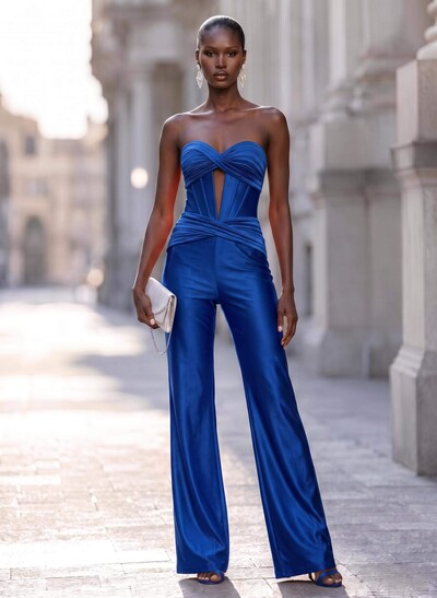 Elegant Pleated Sweetheart Floor-Length Stretch Satin Knit Evening Jumpsuit