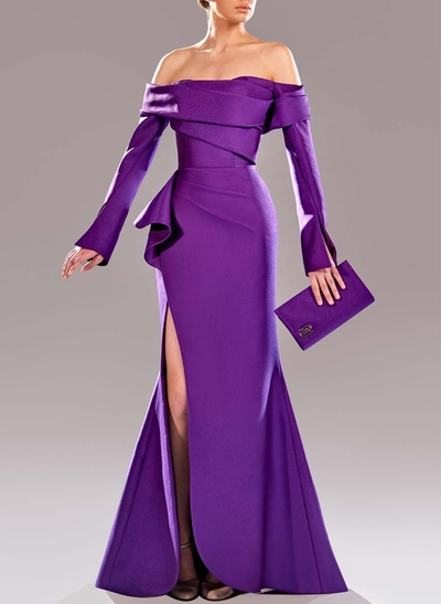 Off-The-Shoulder Long Sleeves Ruffle High Split Mermaid Sweep Train Matte Satin Evening Dresses
