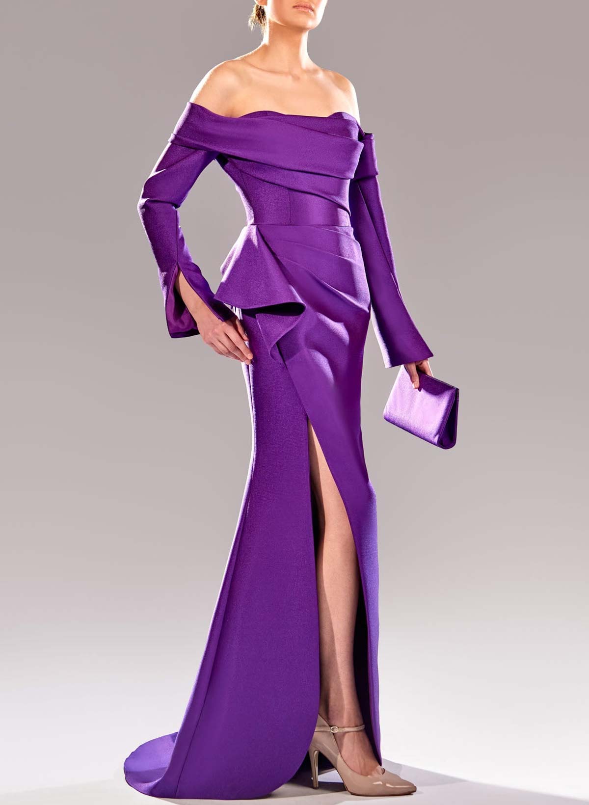 Off-The-Shoulder Long Sleeves Ruffle High Split Mermaid Sweep Train Matte Satin Evening Dresses