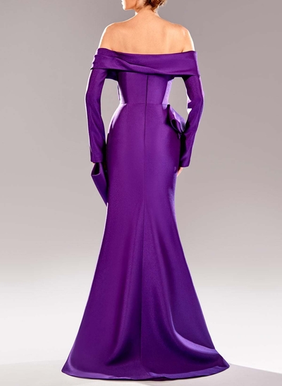 Off-The-Shoulder Long Sleeves Ruffle High Split Mermaid Sweep Train Matte Satin Evening Dresses