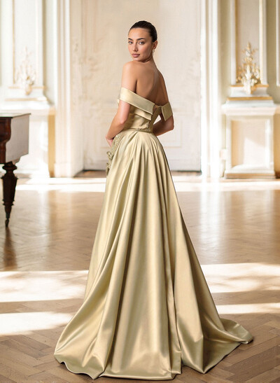 Trumpet/Mermaid Off-The-Shoulder Sweep Train Satin Evening Dresses With Overskirt Dress