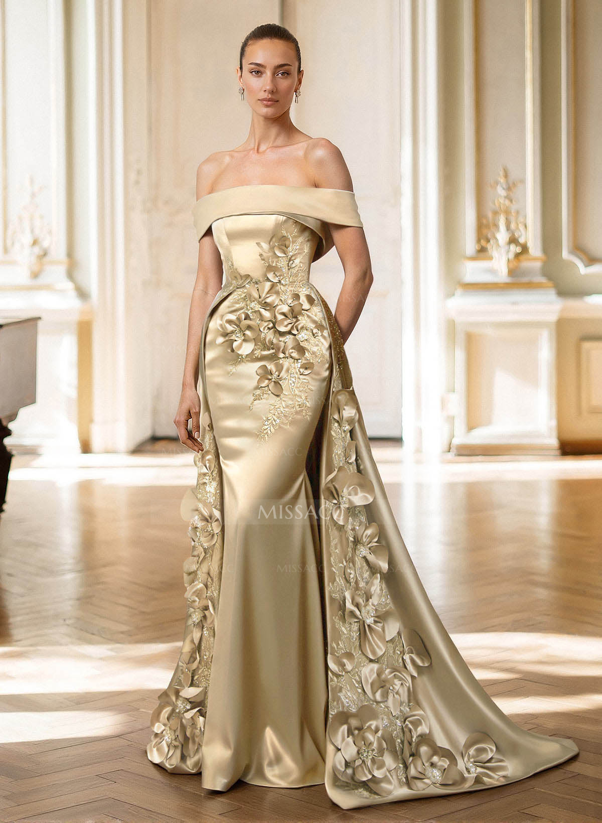 Trumpet/Mermaid Off-The-Shoulder Sweep Train Satin Evening Dresses With Overskirt Dress