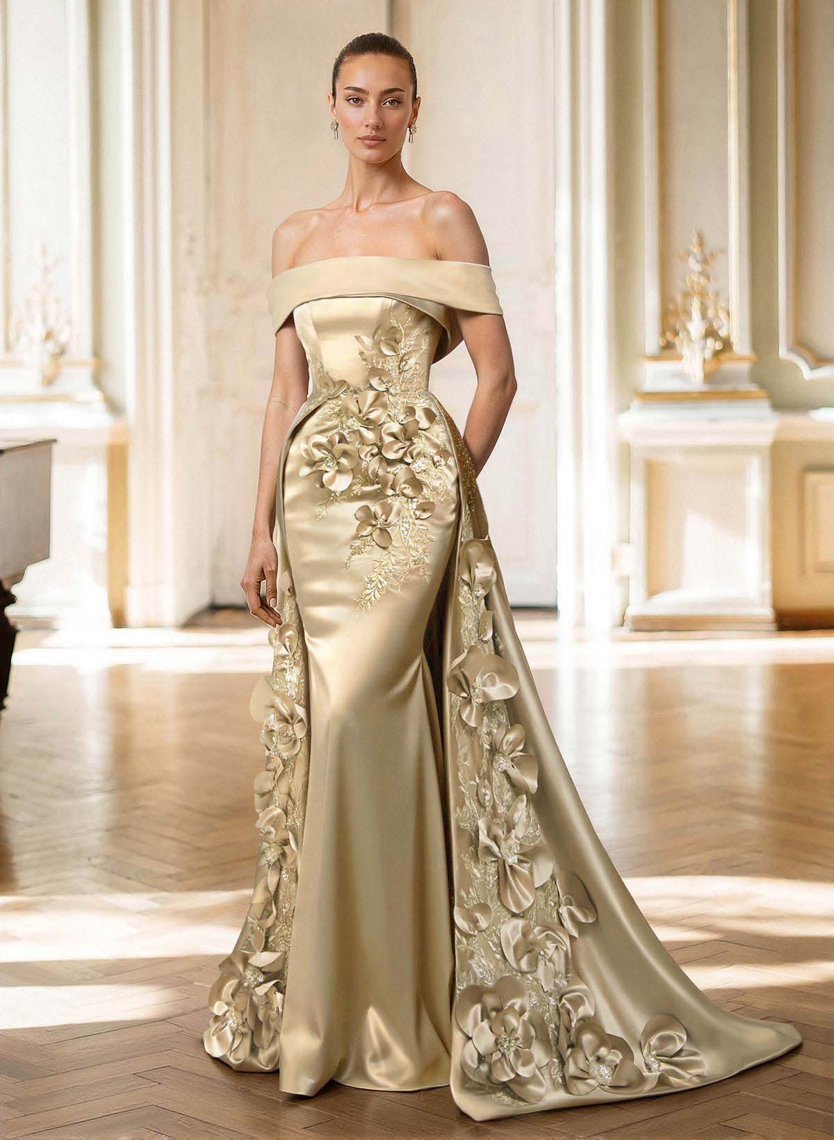 Trumpet/Mermaid Off-The-Shoulder Sweep Train Satin Evening Dresses With Overskirt Dress