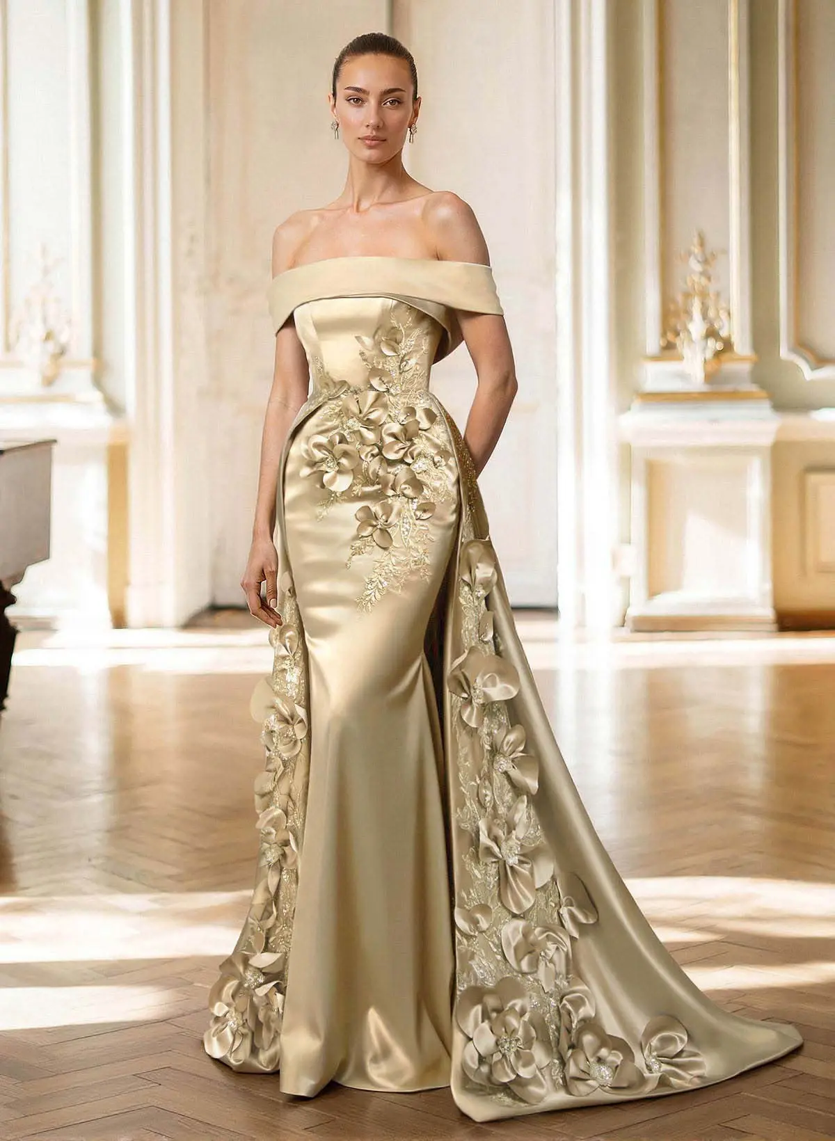 Trumpet/Mermaid Off-The-Shoulder Sweep Train Satin Evening Dresses With Overskirt Dress