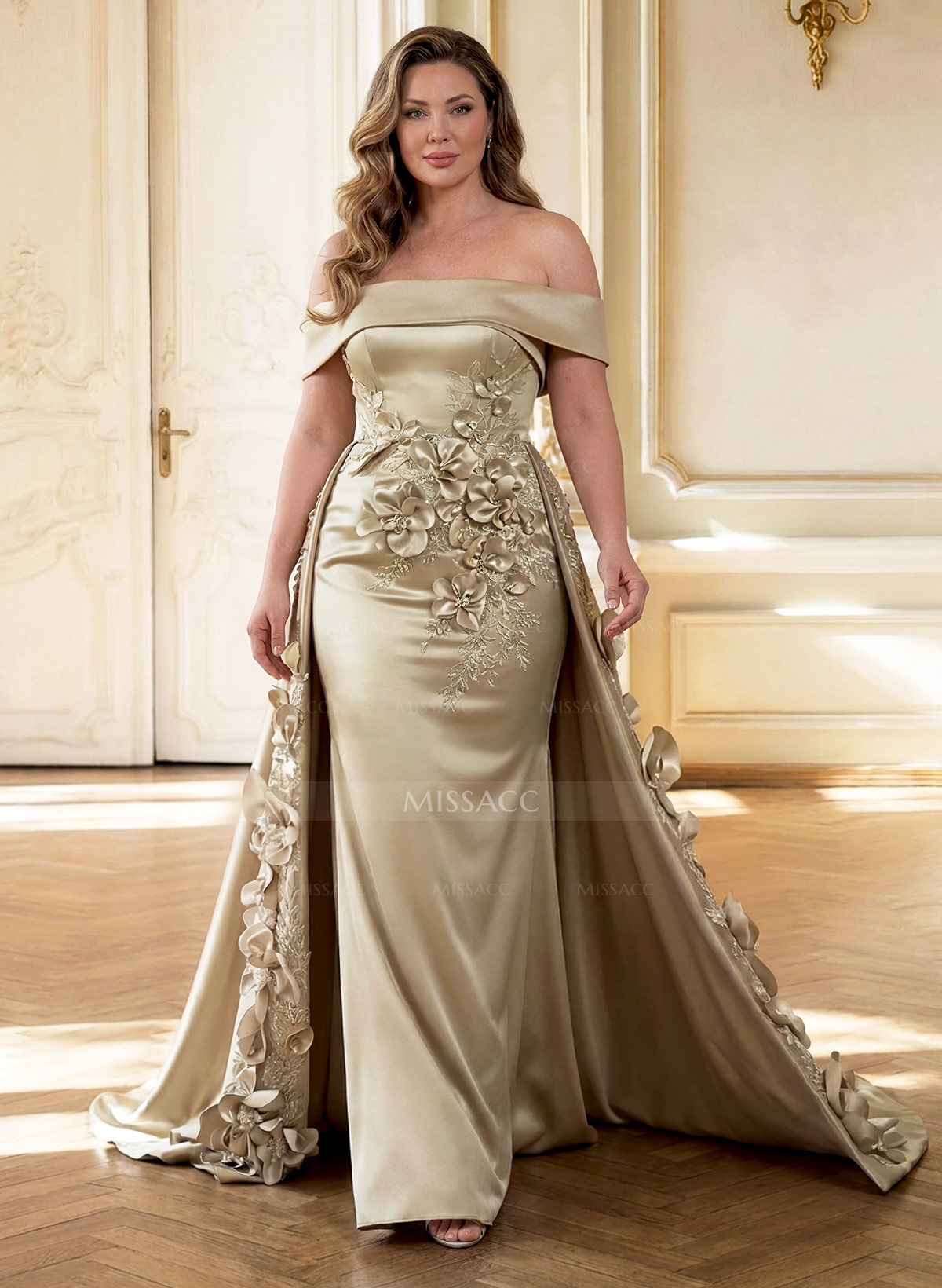 Trumpet/Mermaid Off-The-Shoulder Sweep Train Satin Evening Dresses With Overskirt Dress