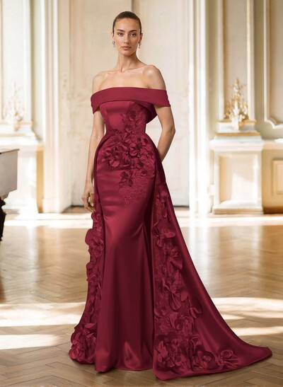 Off-The-Shoulder Trumpet/Mermaid Satin Evening Dress With Detachable Overskirt Train